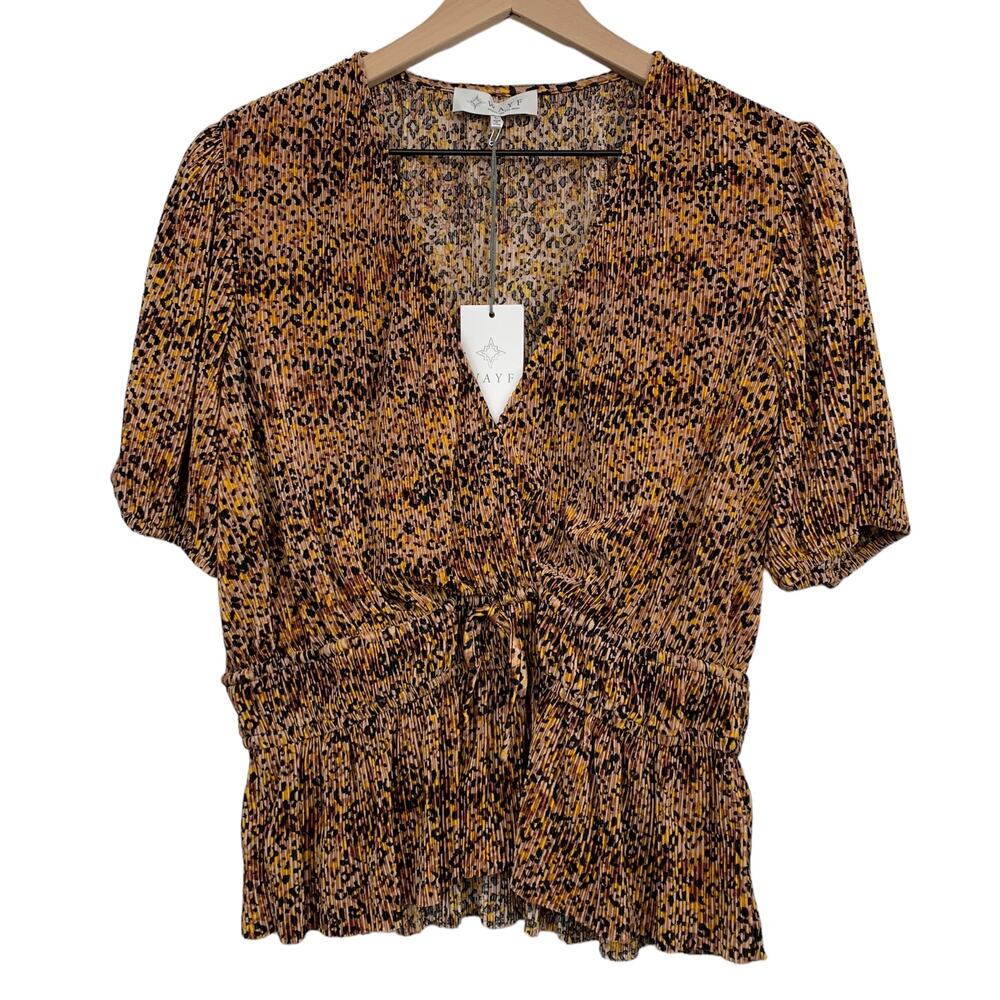 WAYF Top Size Large Leopard Print Blouse Puff Sleeve Peplum Pleated V Neck